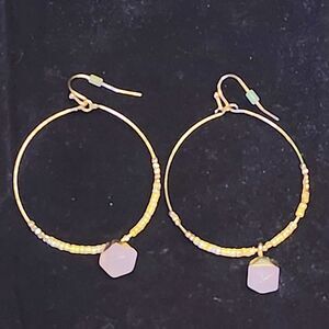 Costume jewelry dangle hoop earrings gold tone & pink/lavendar stone